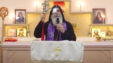 Assyrian Bishop Mar Mari Emmanuel delivering his first sermon on April 28 since he was allegedly stabbed by a 16-year-old boy. Picture via YouTube/ChristTheGoodShepherdChurch