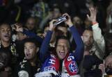 Kylian Mbappe (c) celebrates PSG's French league title before home fans at the Parc des Princes. (AP PHOTO)