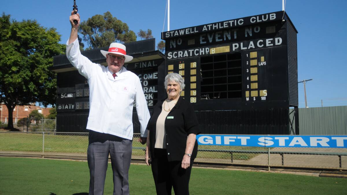 SHARING IN THE FUN: Stawell Gift starter Ian Sibson shares memories with Eventide Homes' Nat Rathgeber who's husband Jack was a past president of the Stawell Athletic Club. Picture: CASSANDRA LANGLEY