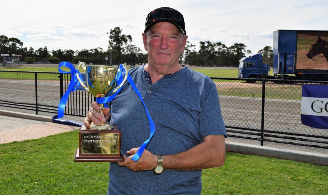 ANOTHER THRILL: Stawell trainer Ray Harvey with the 2022 Charlton Trotters Cup. Picture: KIERAN ILES