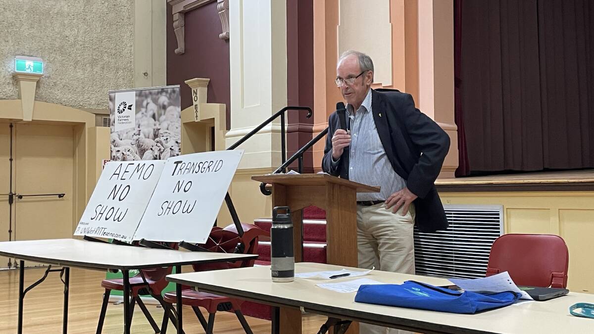 Victorian Farmers Federation St Arnaud branch president Colin Coates looking after the agenda at the meeting of protestors at the St Arnaud Town Hall. Picture by Philippe Perez