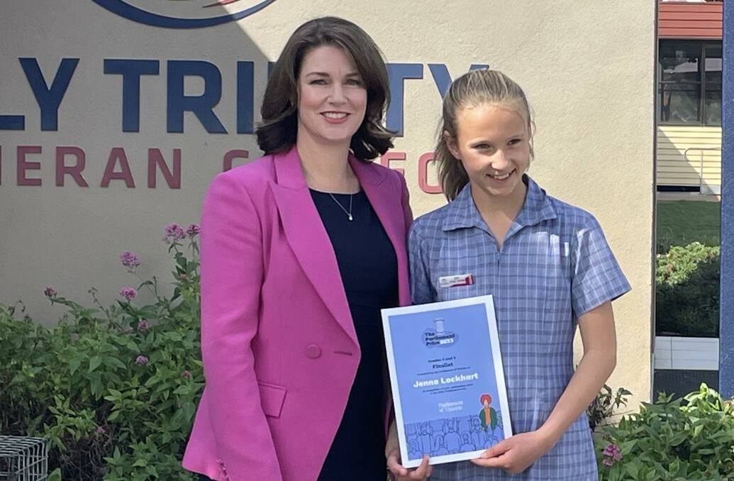 Deputy Leader of The Nationals and Member for Lowan Emma Kealy MP presented Jenna Lockhart with her finalist certificate in the Parliament Prize, run by the Parliament of Victoria in 2023 Picture by Sheryl Lowe