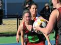 Noradjuha Quantong's Holly Nuske positions herself in front of Edenhope Apsley's Sarah Domaschenz when the two sides met in round 12 of the HDFNL. Picture by John Hall