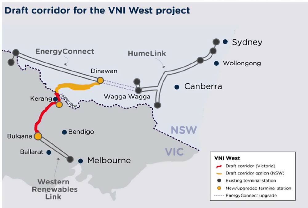 The proposed route of the VNI West powerline. Map from TCV.