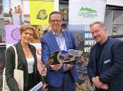 Halls Gap Lakeside Tourist Park's Josephina McDonald, left, Northern Grampians Shire Council chief executive Brent McAlister and mayor Rob Haswell at the launch of the 'Investment Prospectus and Advocate Videos' on June 19 at North Park. Picture by Ben Fraser