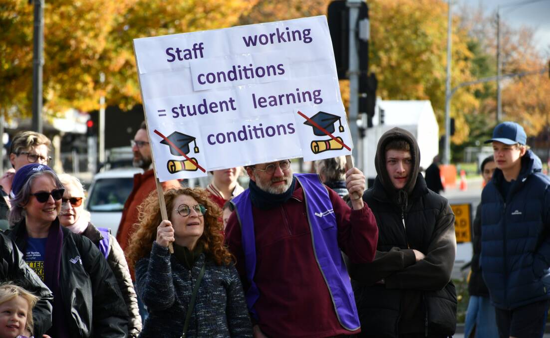 Federation University staff and students at a rally against cuts on Lydiard Street earlier this month. Pictures by Alex Dalziel